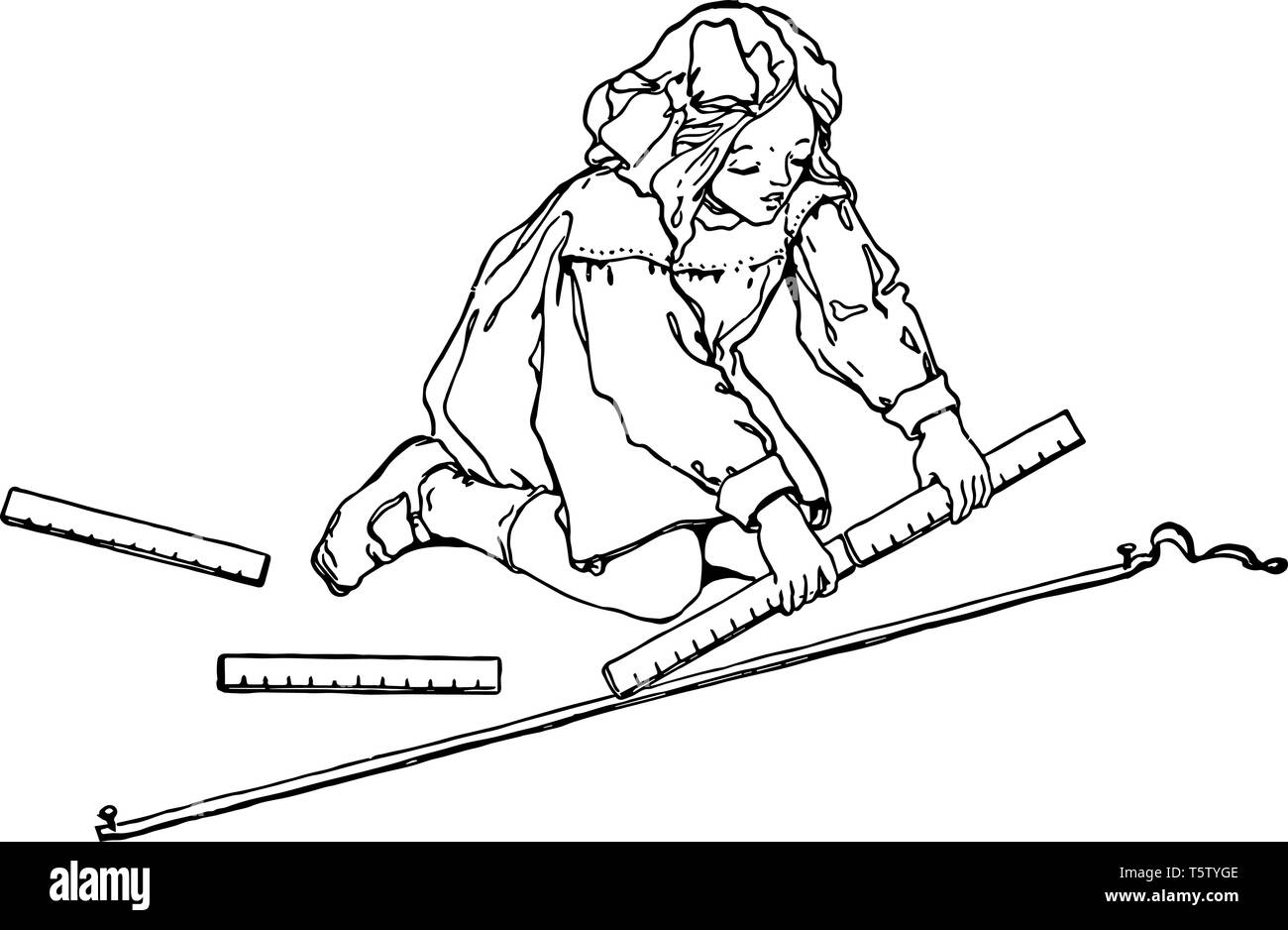 Dieses Bild zeigt ein Kind mit einem Lineal. Es gibt ein paar Herrscher beiseite liegen. Sie scheint zu sein, die Messung der Thread mit Nägeln an bot eingebaut Stock Vektor