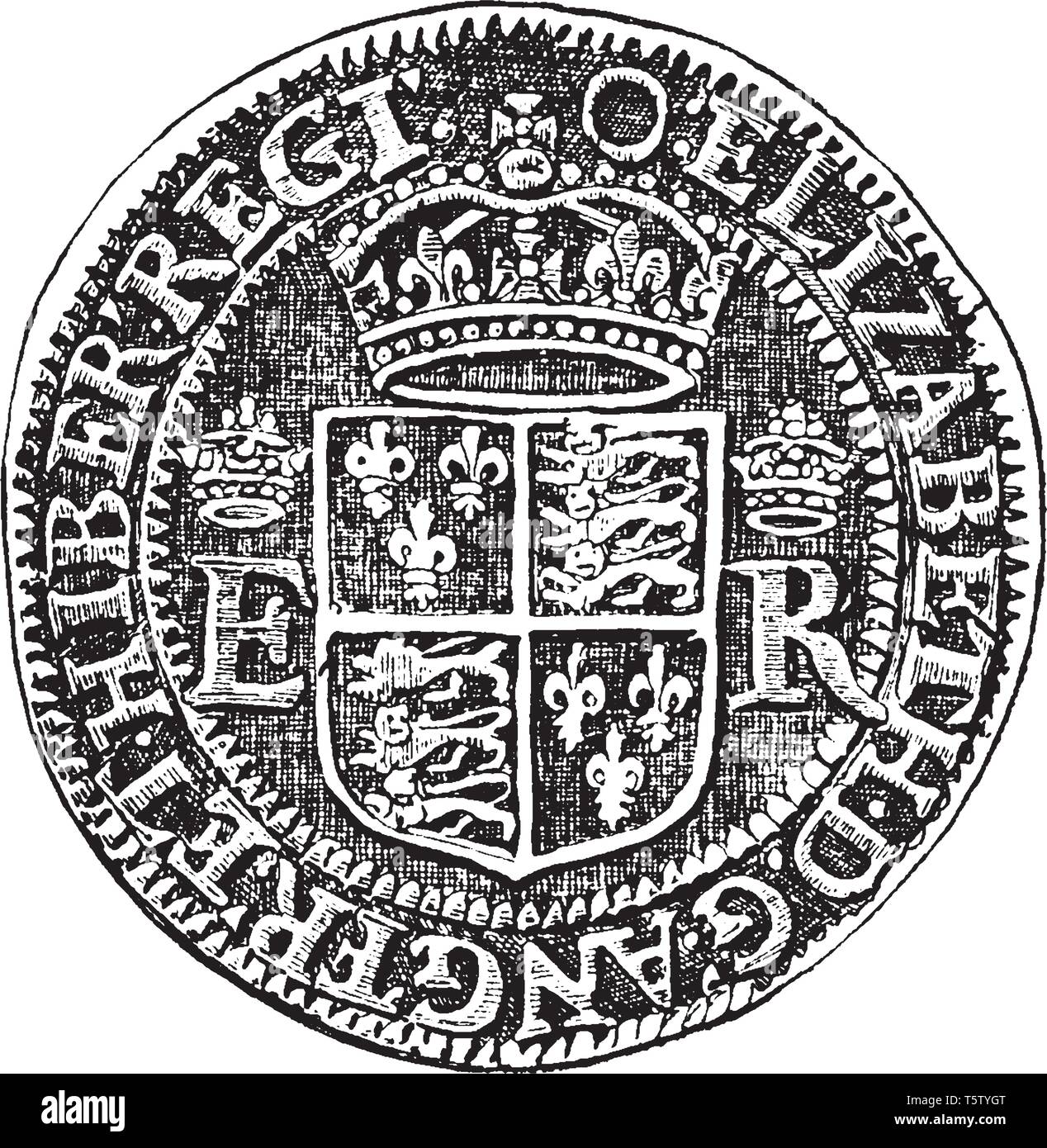 Fallgatter, eine Münze in der Regierungszeit von Königin Elizabeth, vintage Strichzeichnung oder Gravur Abbildung angeschlagen. Stock Vektor