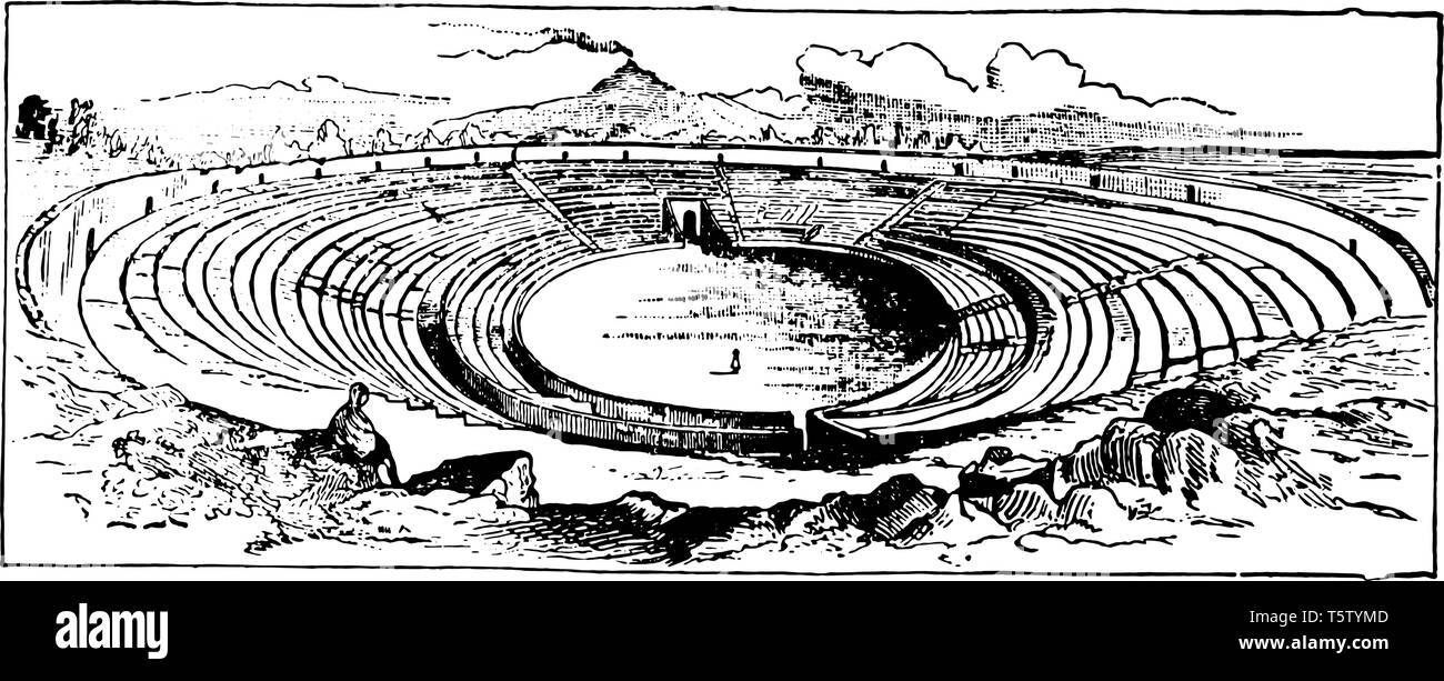 Ein Bild, das zeigt, das Amphitheater in Pompeji, vintage Strichzeichnung oder Gravur Abbildung. Stock Vektor