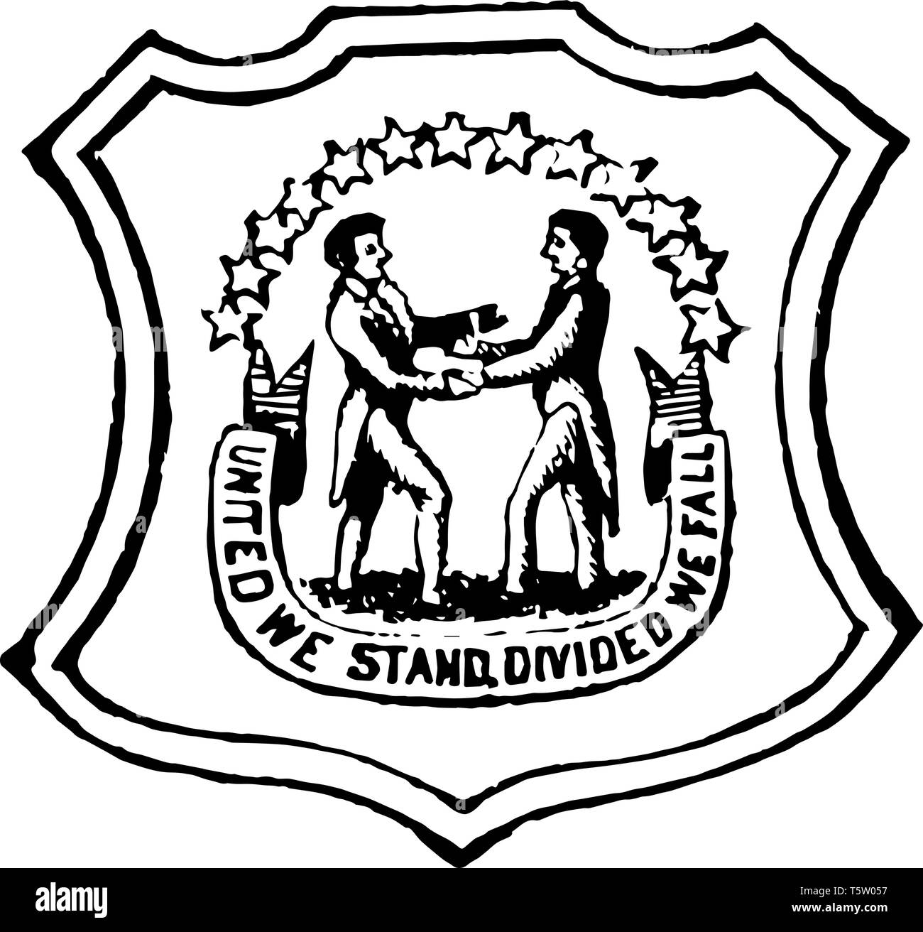Zustand der Dichtung von Kentucky ist in zwei Farben, Blau und Gold mit Motto United We Stand Divided we vintage Zeichnung fallen. Stock Vektor