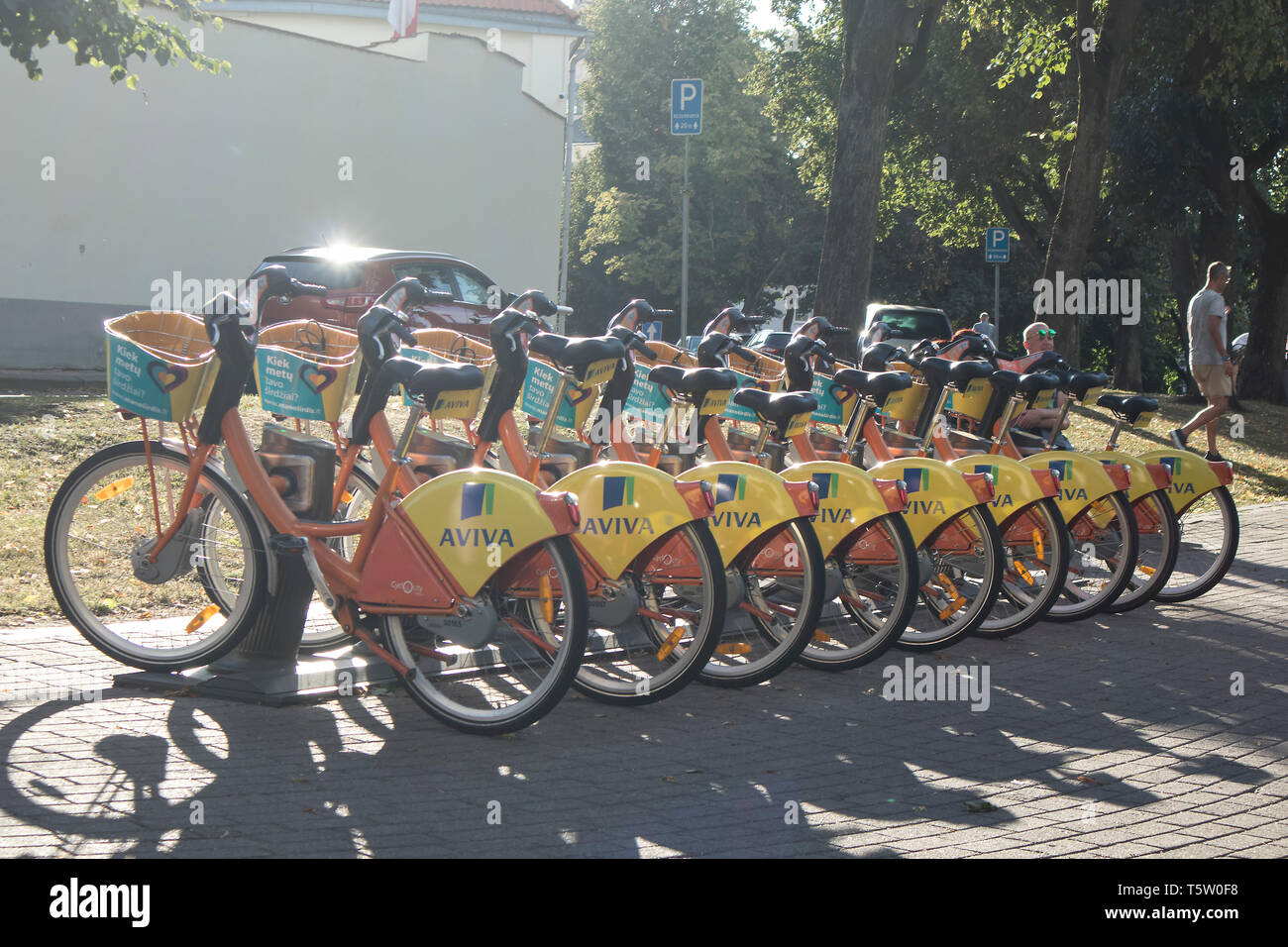 Vilnius, Litauen - 16 April, 2019, City Bike Station in der Nähe Hauptplatz. Bike Sharing ist eine gute Möglichkeit, die Stadt zu besuchen. Stockfoto