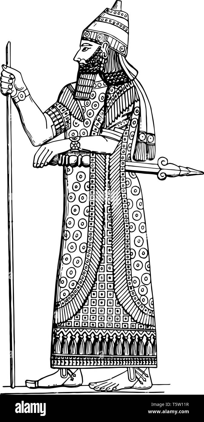 Das Bild zeigt die Assyrien. Er ist der Gott der Assyrischen Staates. Er hält den langen Stock und dem second-hand-Schwert. Er hat eine Krone auf dem Kopf, Vintage l Stock Vektor