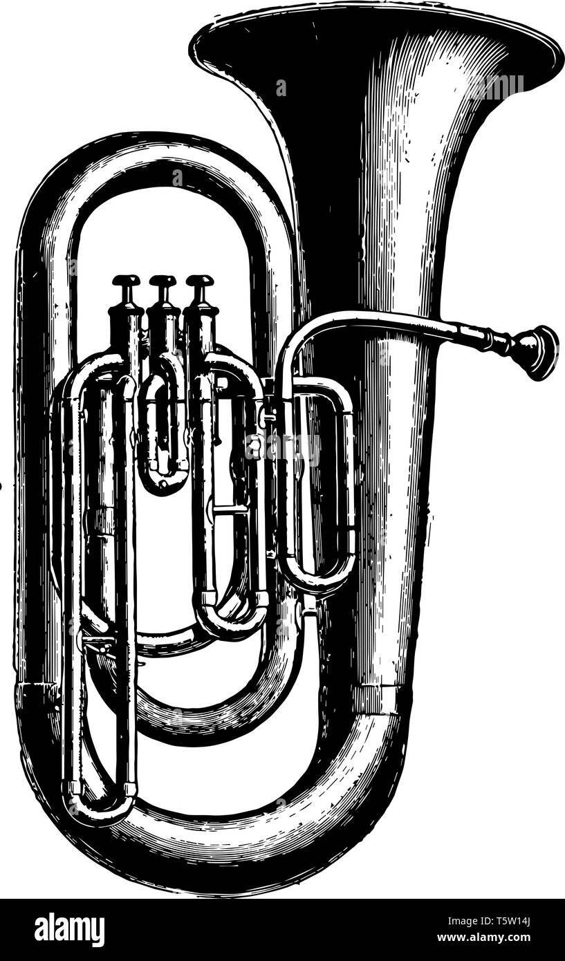 Tuba ist ein Blechblasinstrument Der sax Familie Horn, vintage Strichzeichnung oder Gravur Abbildung. Stock Vektor