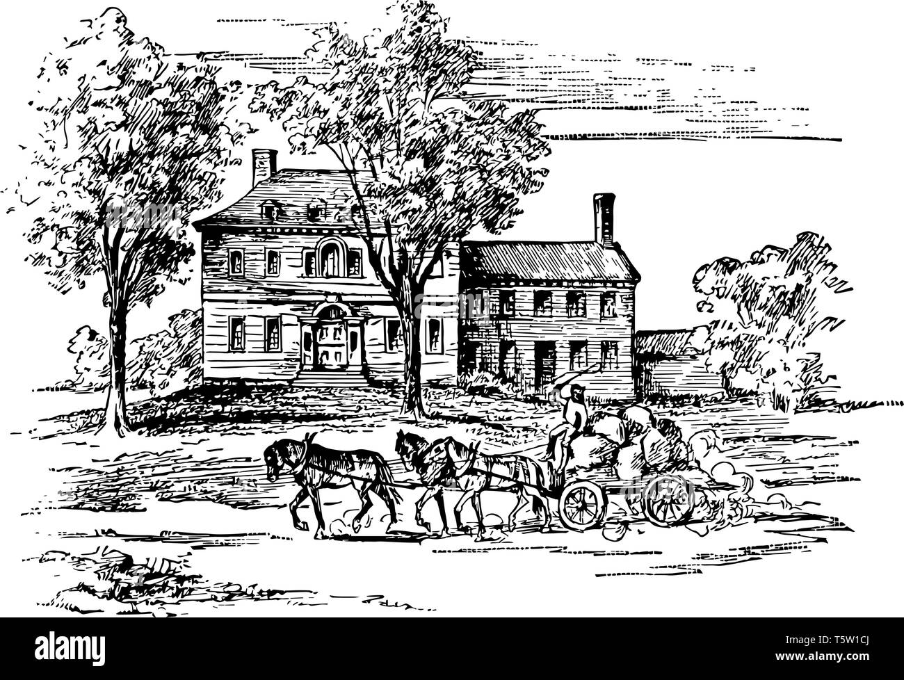 George Washington mit Haus von Herrn Jacob Ford, Jr. als seinen Hauptsitz während 1779-80 vintage Strichzeichnung. Stock Vektor
