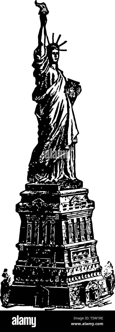 Die Freiheitsstatue ist eine Staute der gekleideten Frau halten eine torcg in ihrer rechten Hand über ihren Kopf und trägt eine tabula Ansata eine römische Ziffern bezeichnet, "JU Stock Vektor