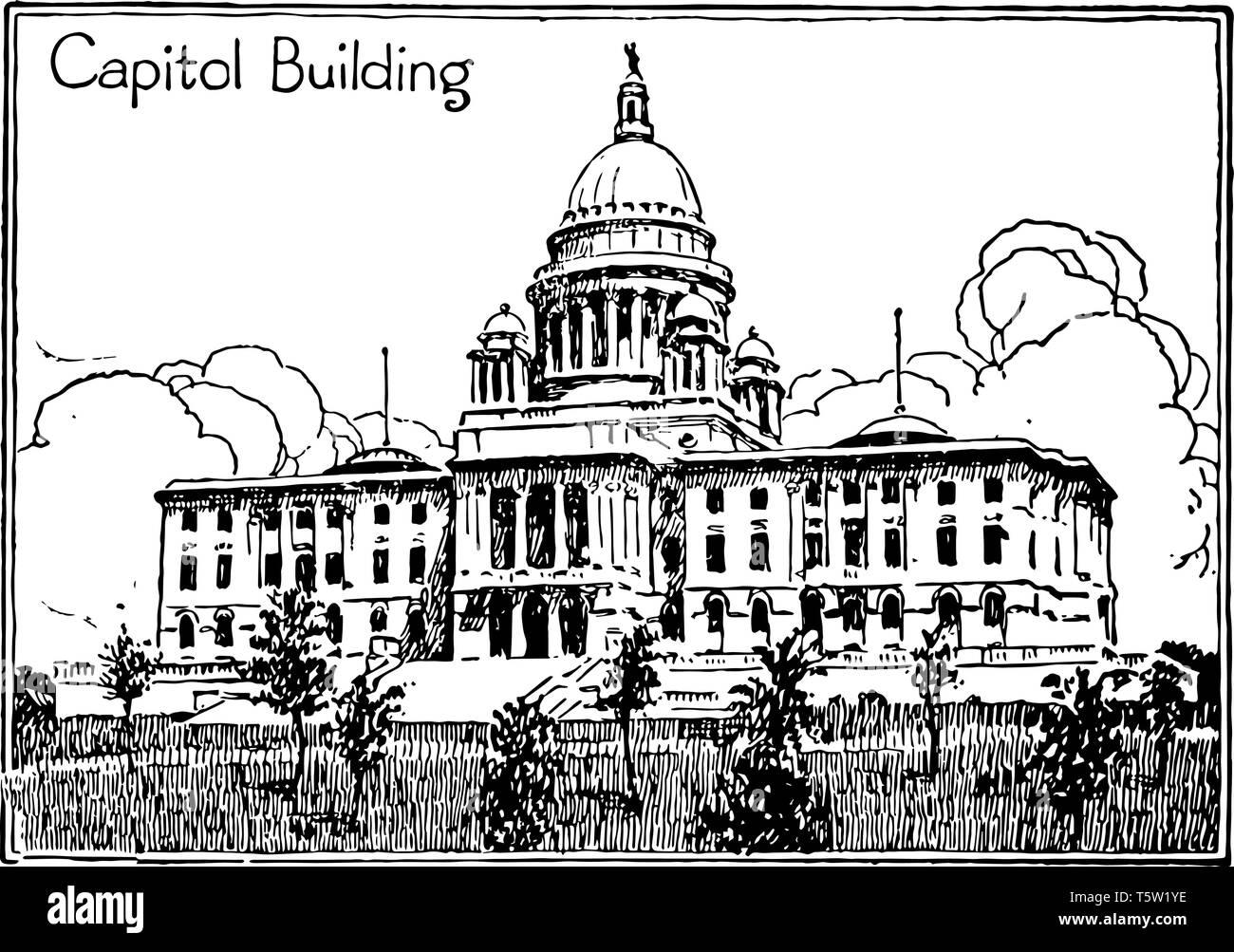 Rhode Island Capitol Gebäude ist das State House von Rhode Island an der Grenze zwischen Innenstadt und Smith Hill vintage Zeichnung befindet. Stock Vektor