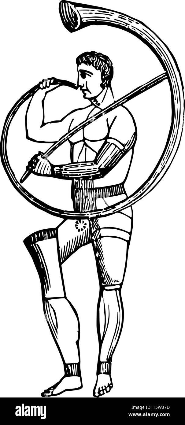 Cornu durch die römischen Armeen verwendet werden Aufträge in die Schlacht, vintage Strichzeichnung oder Gravur Abbildung. Stock Vektor