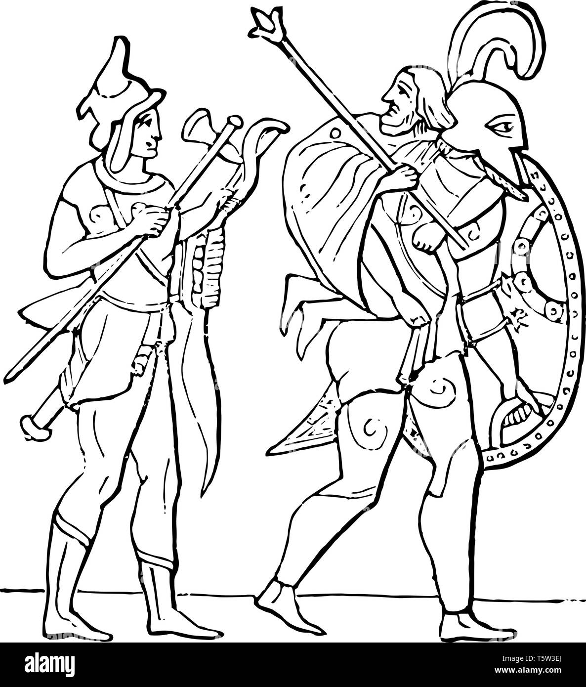 Ascanius seinen Vater mit Aeneas neben ihm, vintage Strichzeichnung oder Gravur Abbildung. Stock Vektor