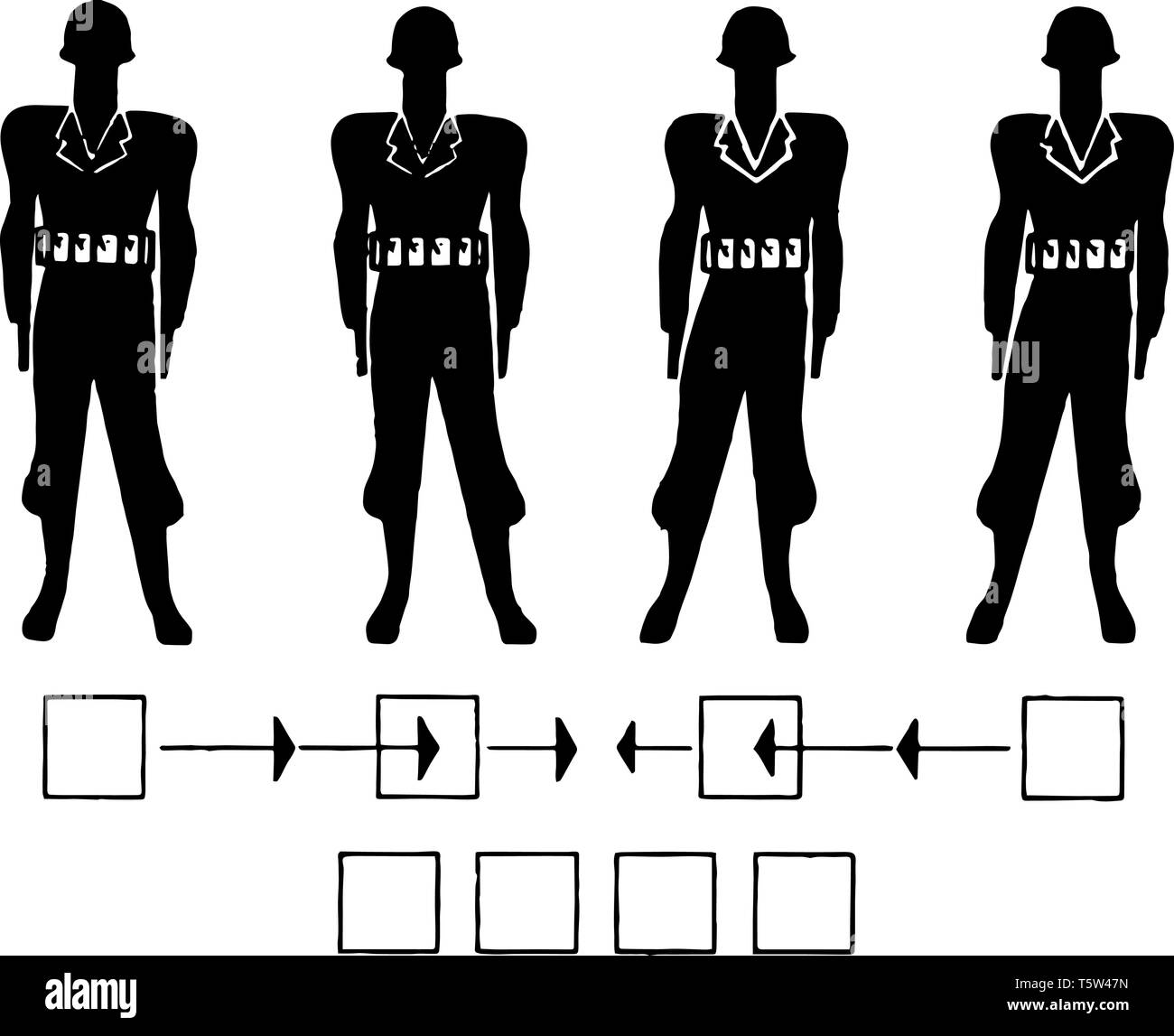 Dieses Bild stellt vier Person Datei militärische Formation, vintage Strichzeichnung oder Gravur Abbildung. Stock Vektor
