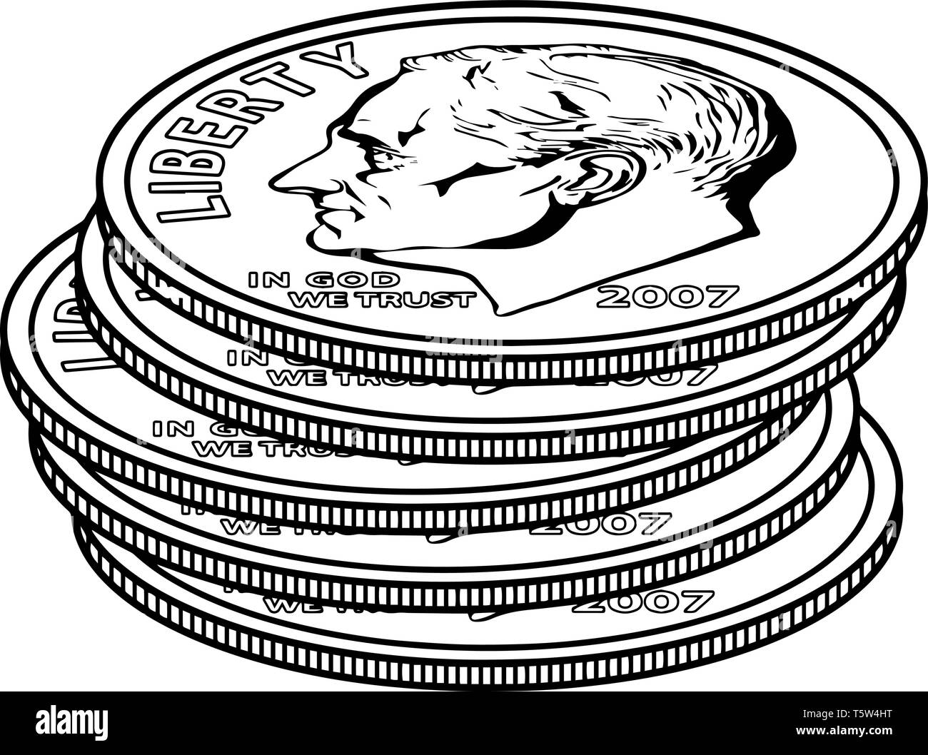 Das Bild zeigt die 5 Groschen Münze. Münze hat feine Linien um den Umfang der Münze. Es hat Franklin D. Roosevelt auf der Vorderseite und eine Taschenlampe auf Stock Vektor