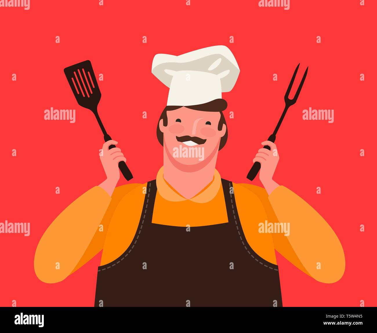 Koch, Küche Werkzeuge für Grill. Grill, cartoon Vector Illustration Stock Vektor
