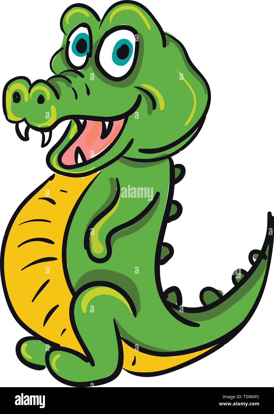 Eine grüne glücklich Krokodil mit großen blauen Augen, scharfe Zähne und einen gelben Bauch, Cartoon, Vector, Farbe, Zeichnung oder Abbildung. Stock Vektor