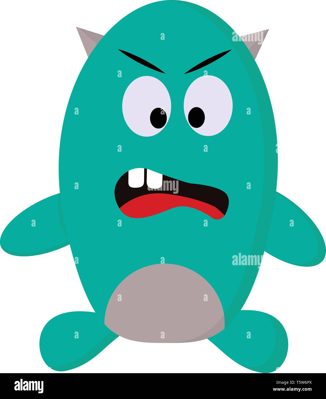 Ein grünes Monster mit zwei Graue Hörner, zwei vorderen Zähne, rote Zunge und großen Augen, Cartoon, Vector, Farbe, Zeichnung oder Abbildung. Stock Vektor