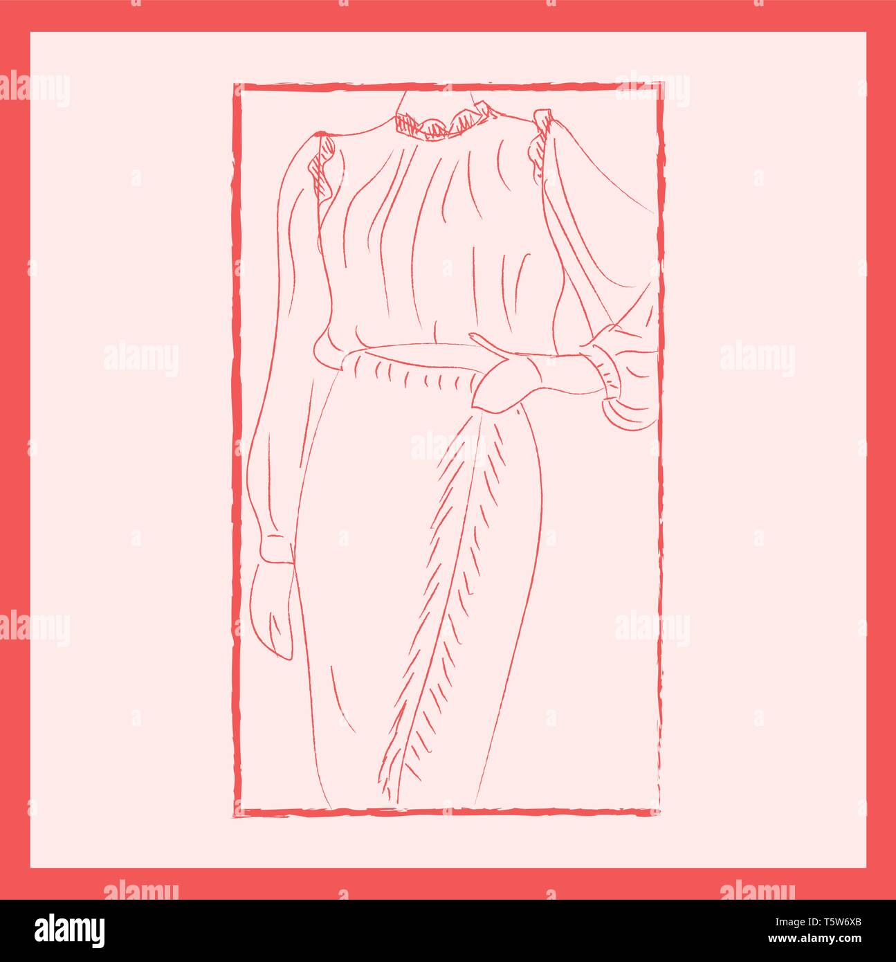 Ein umrahmtes Bild einer Dame trägt ein rosa Kleid mit Ärmel Rollkragen und Rüschendetail an den Hals- und Schulterbereich Vektor in der Farbe der Zeichnung oder Il Stock Vektor