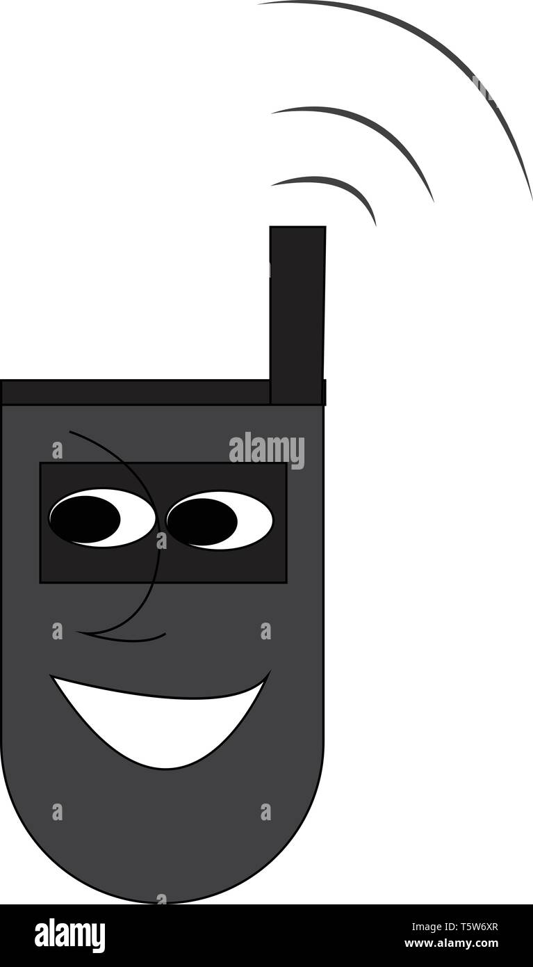 Ein cartoon Bild eines alten Farbe schwarz Flip Phone mit einer Antenne und einem lächelnden Gesicht auf sie vector Farbe, Zeichnung oder Abbildung gezeichnet Stock Vektor