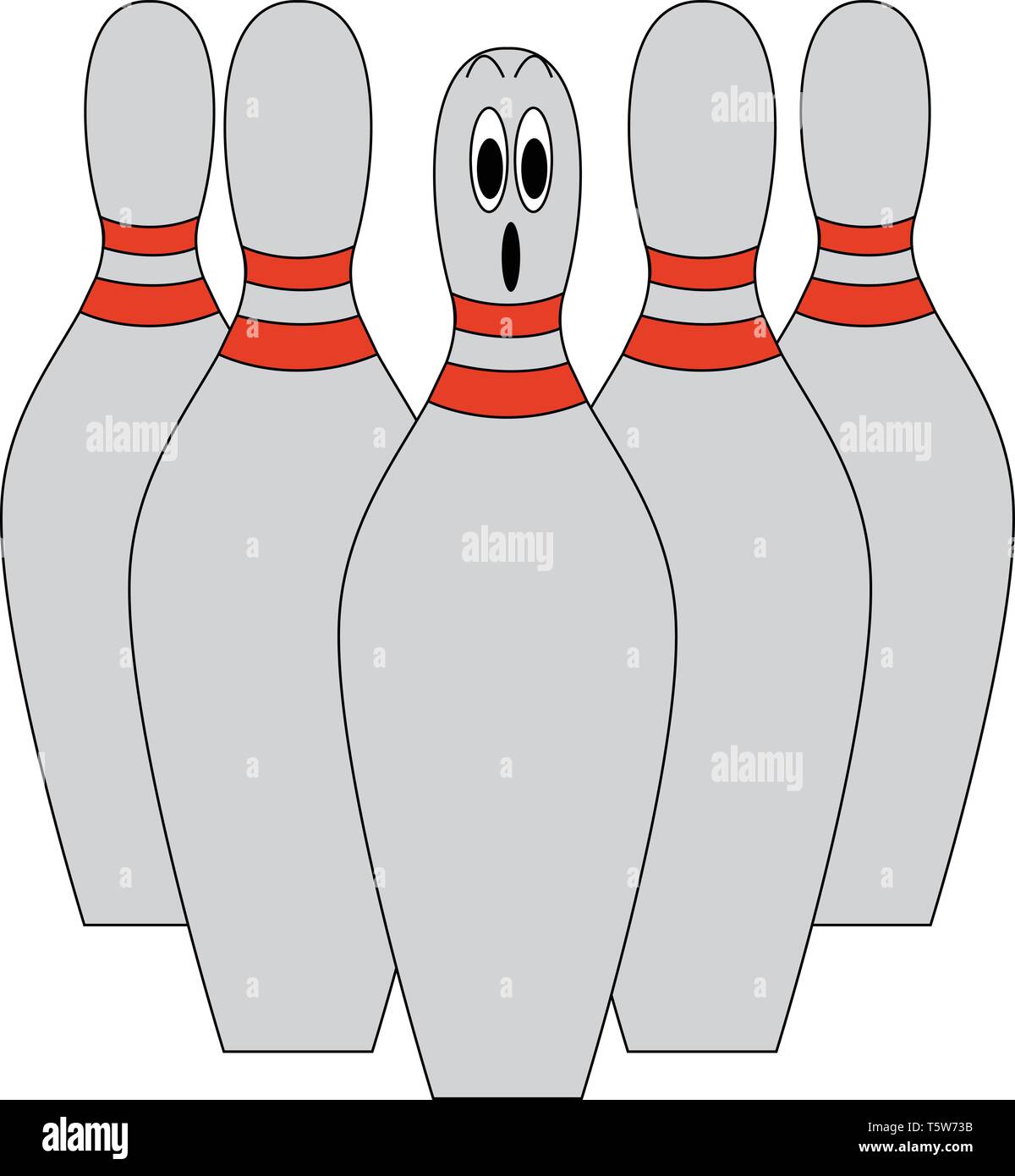 Ein Satz von fünf Graue Bowling Pins mit einem Stift in der Mitte bestürzt Alle Stifte mit roten dual Streifen um den Hals vector Farbe, Stock Vektor