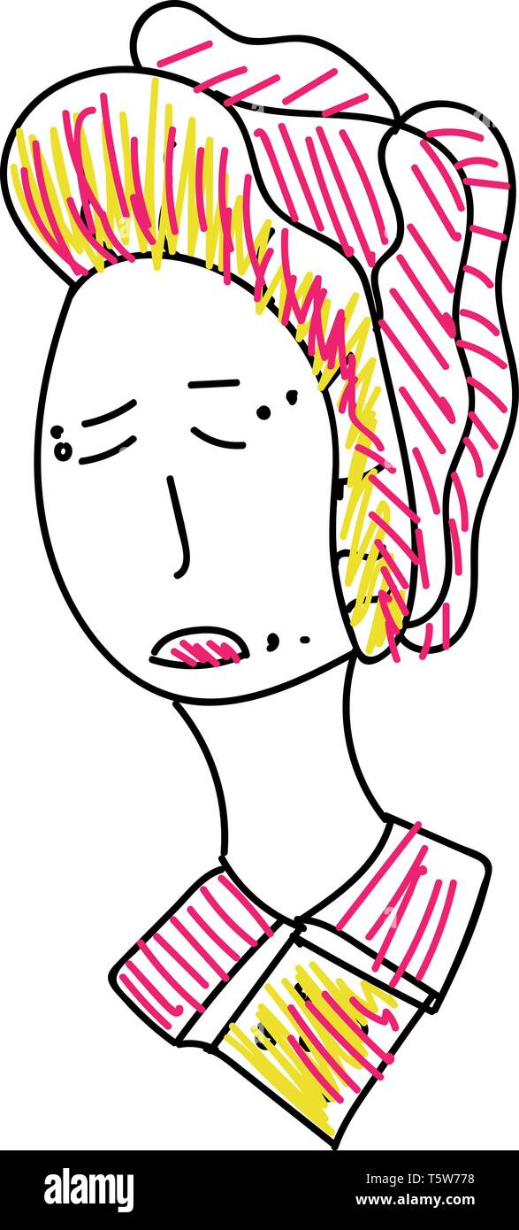 Traurig chinesischen Frau in rosa und gelbe Haare und Kleidung mit geschlossenen Augen vector Farbe, Zeichnung oder Abbildung Stock Vektor