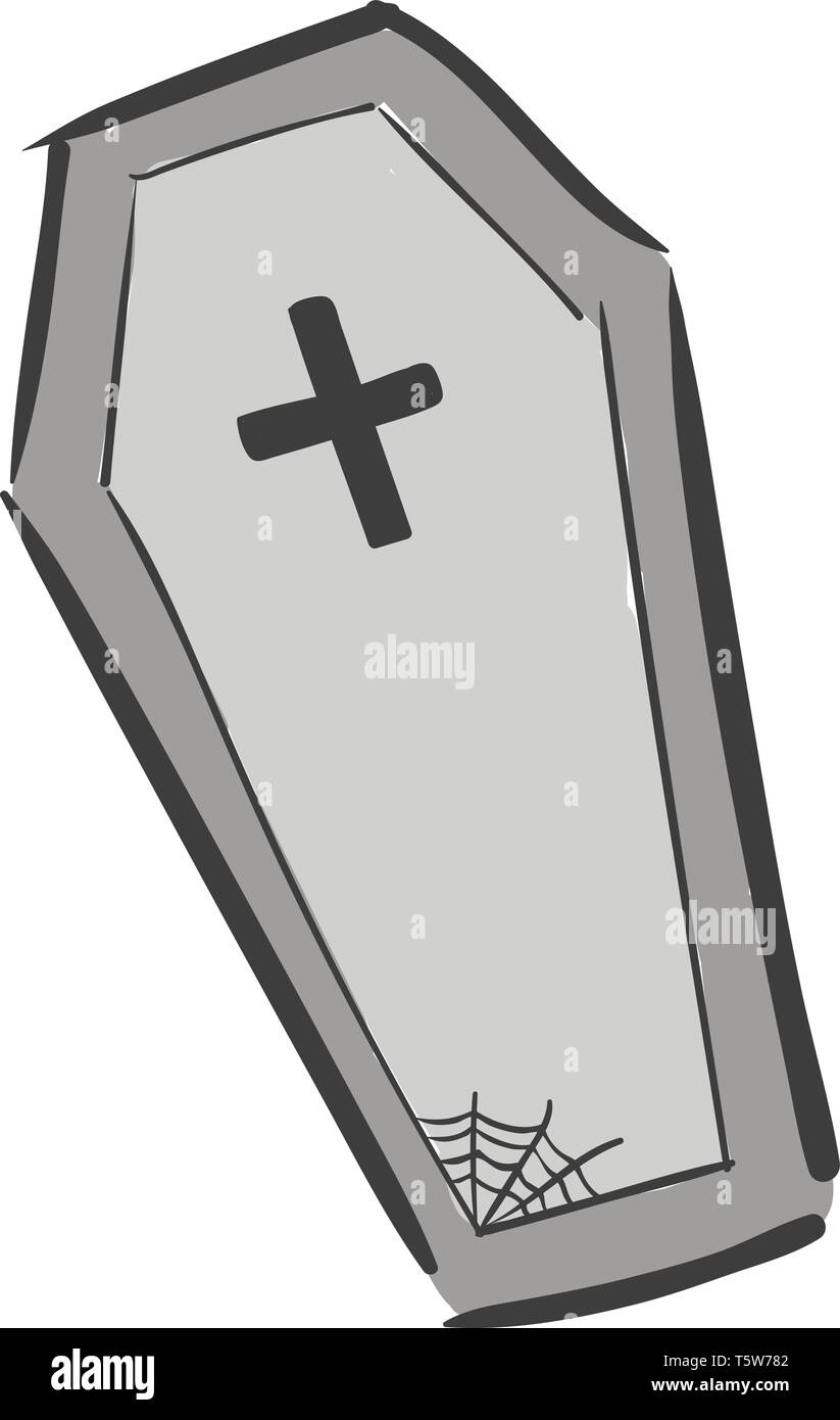 Ein großes, graues Sarg mit einem schwarzen Kreuz auf der Spitze und einem Spinnennetz am unteren vector Farbe, Zeichnung oder Abbildung eingraviert Stock Vektor
