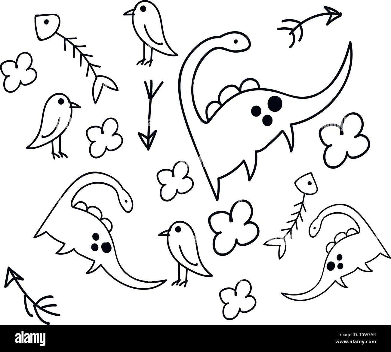 Kindische schwarz und weiß Doodle der Dinosaurier Vögel Fische Skelett Pfeile und Blumen vector Farbe, Zeichnung oder Abbildung Stock Vektor