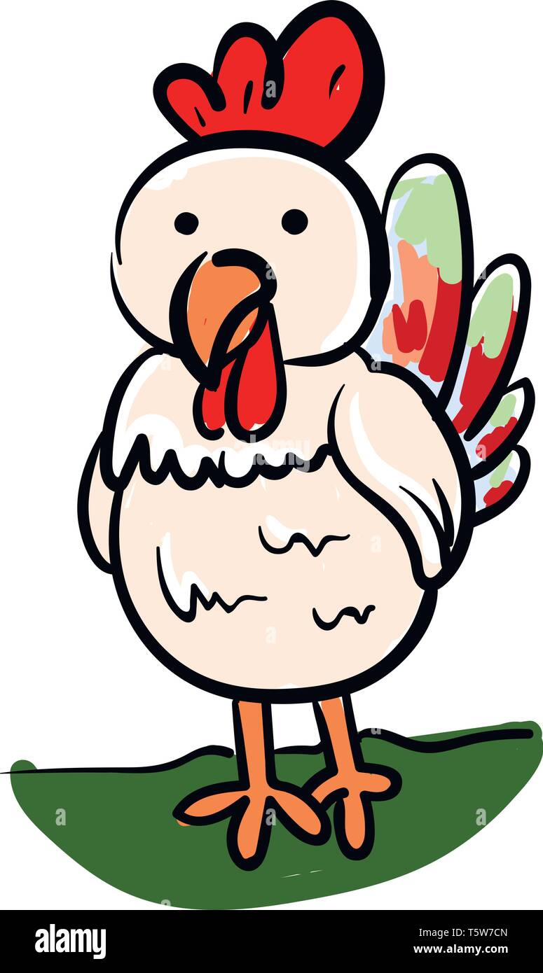 Ein kleines weißes Huhn mit bunten Schwanzfedern in einem Green Farm vector Farbe, Zeichnung oder Abbildung stehend Stock Vektor