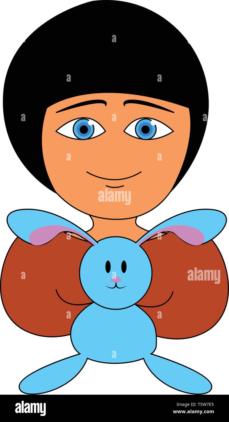 Ein Kleines Madchen Mit Schwarzen Haaren Und Blauen Augen Die Eine Gefullte Blaue Bunny Vector Farbe Zeichnung Oder Abbildung Stock Vektorgrafik Alamy
