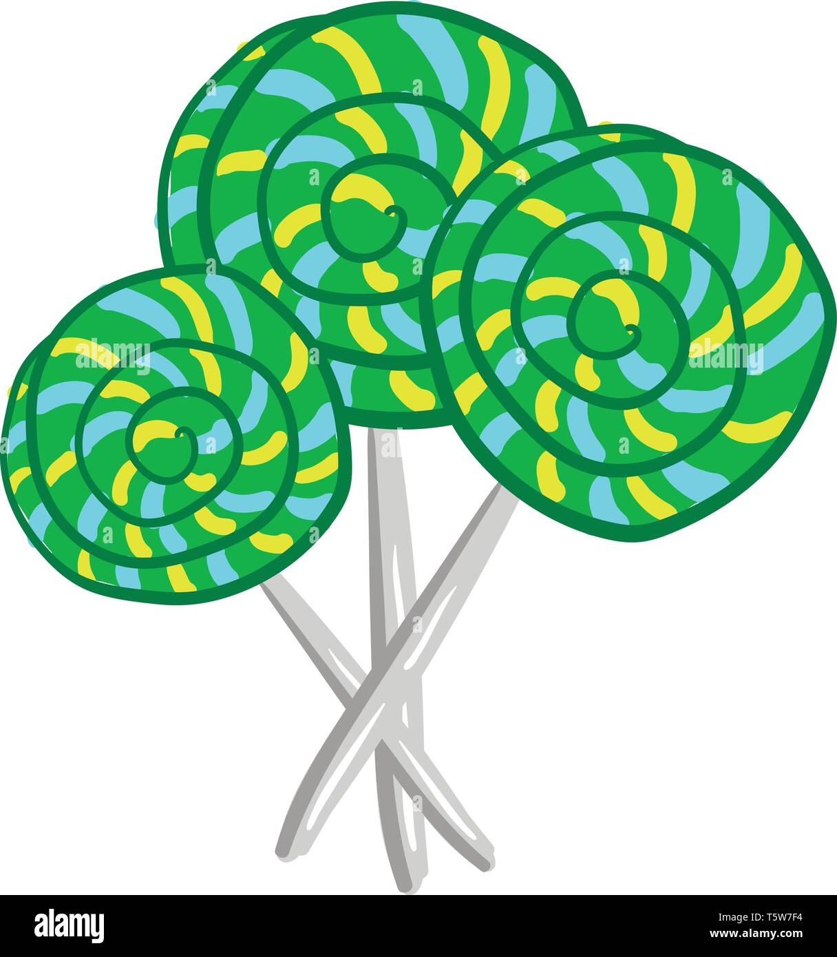 Drei Spirale grün gelb und blau Lutscher in einem Candy Shop vector Farbe, Zeichnung oder Abbildung platziert Stock Vektor