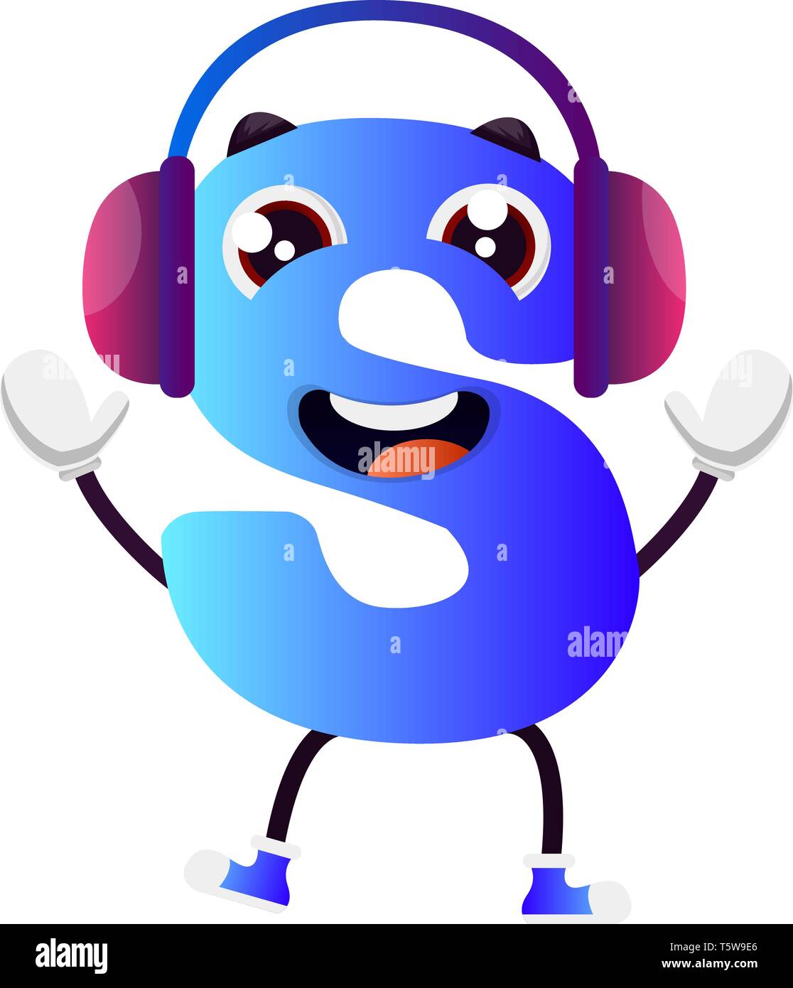 Blauer Brief S mit lila Kopfhörer Vector Illustration auf weißem Hintergrund Stock Vektor