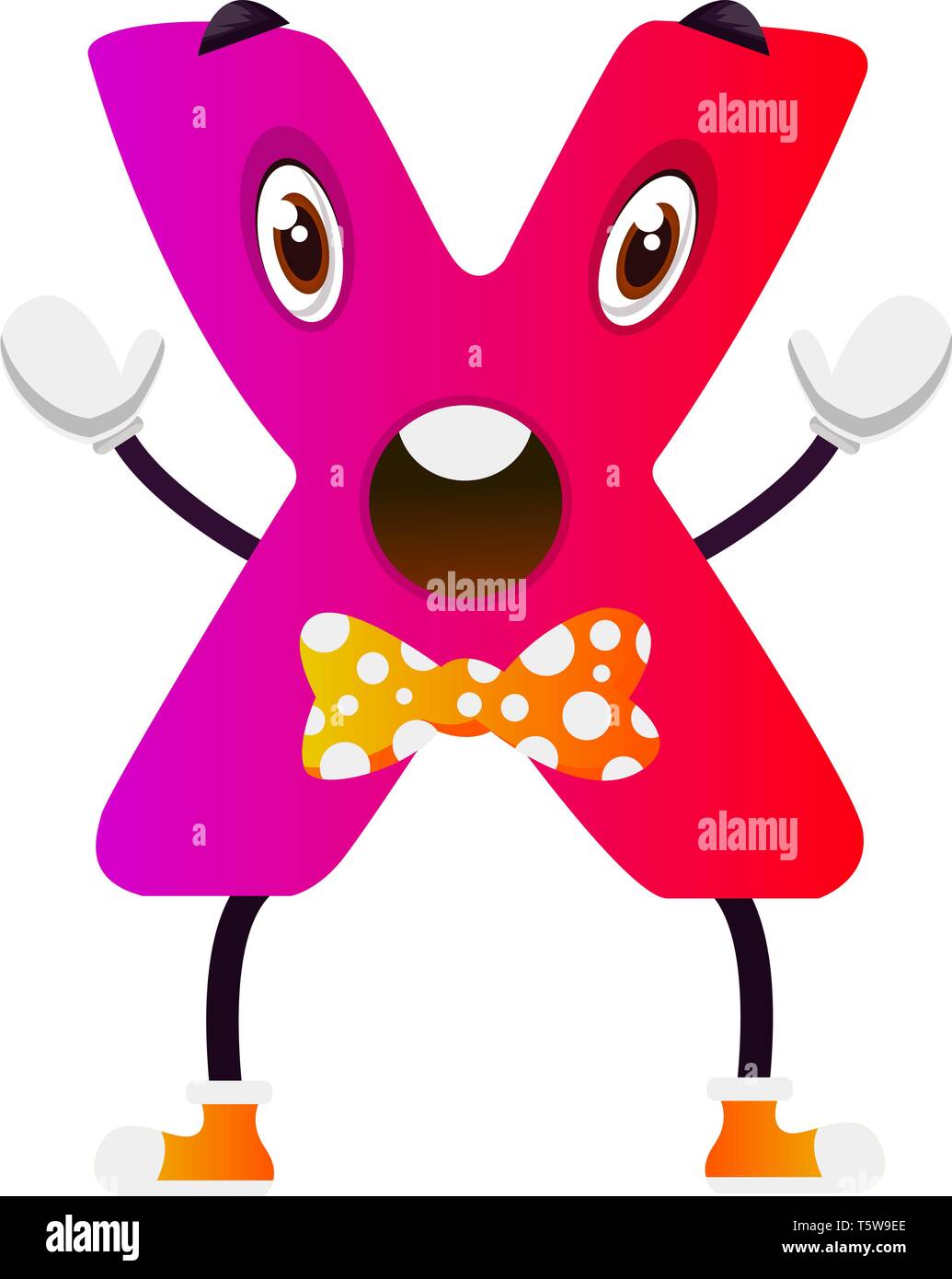 Rosa cartoon Buchstaben X mit gelben bowtie Vector Illustration auf weißem Hintergrund Stock Vektor