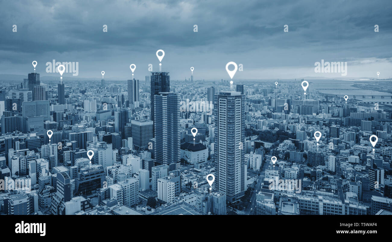 Karte pin GPS-Navigation und die drahtlose Technologie in der Stadt Stockfoto