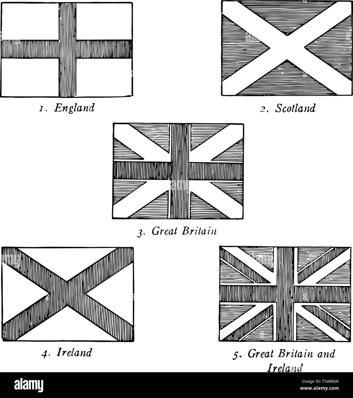 Der Union Jack es hat fünf Flaggen England mit Schottland mit Saltire Großbritannien mit Kreuz und saltire Irland mit Saltire und Großbritannien Stock Vektor