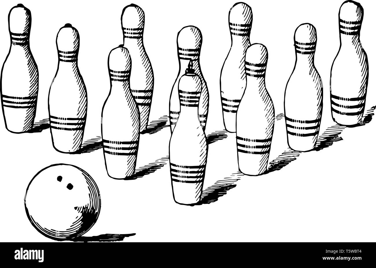 Ziel Bowling Pins und ein Bowling Ball vintage Strichzeichnung oder Gravur Abbildung. Stock Vektor