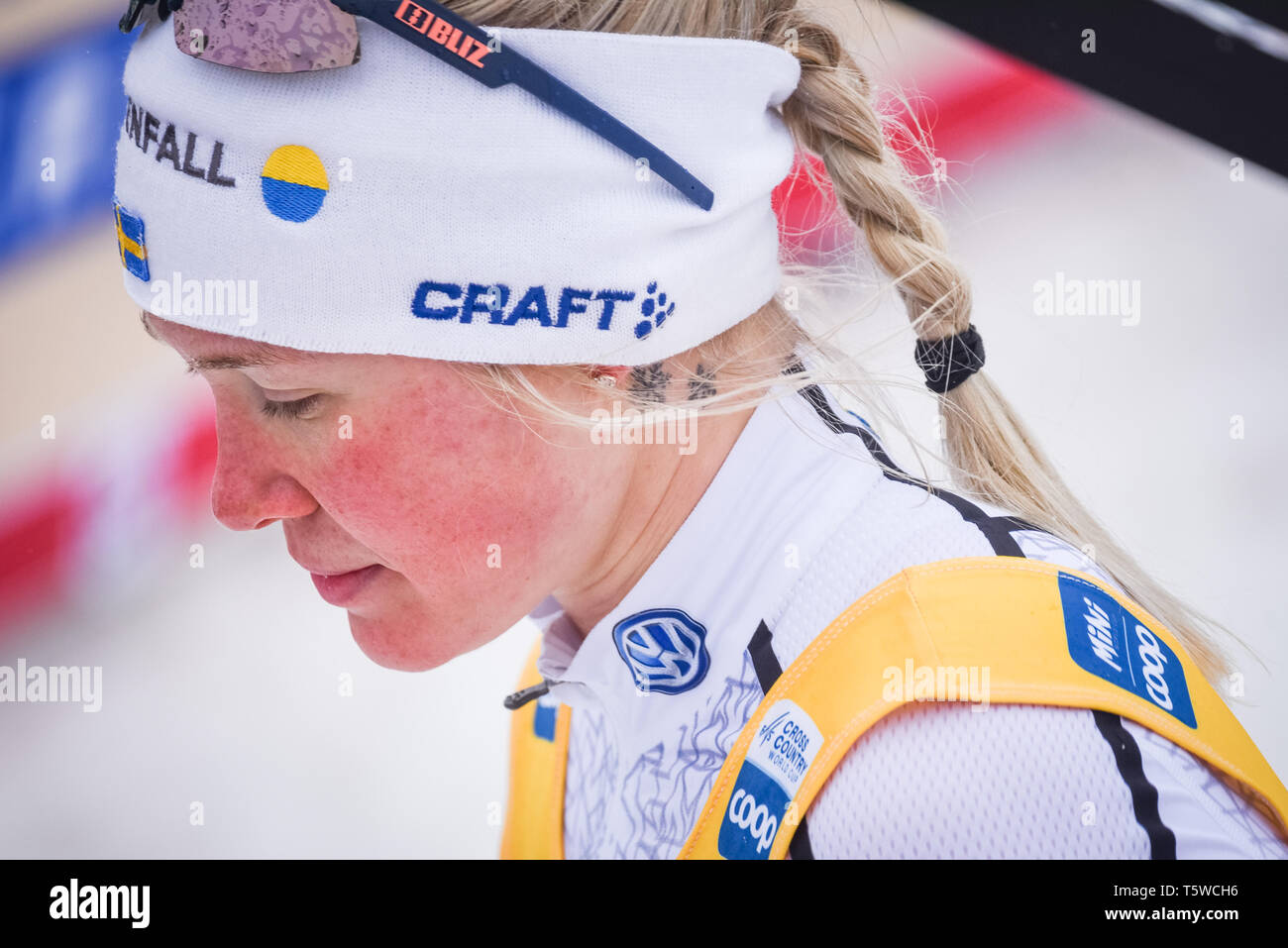 Schwedens Jonna Sundling nach konkurrieren in der Frauen 1,2-K sprint FIS Weltcup Cross Country Ski Race, Quebec City, Kanada, 2019. Stockfoto