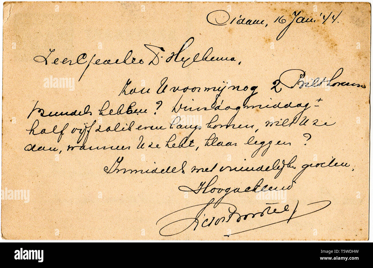 Eine alte Ansichtskarte mit handschriftlichen Text, Rückseite Stockfoto
