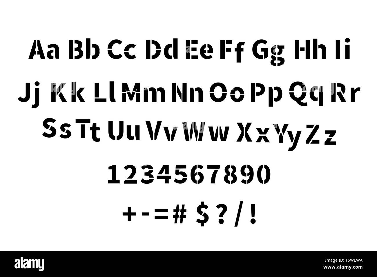 Militärische stencil Font, lateinische Buchstaben mit Zahlen isoliert auf weißem Stock Vektor