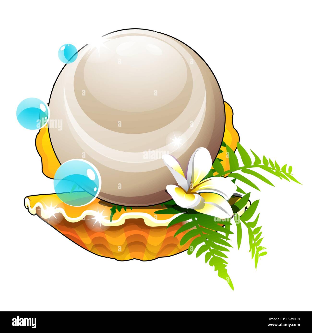 Schöne Anordnung von Muschelschalen, Blume und eine große Perle auf weißem Hintergrund. Vektor cartoon Close-up Abbildung. Stock Vektor