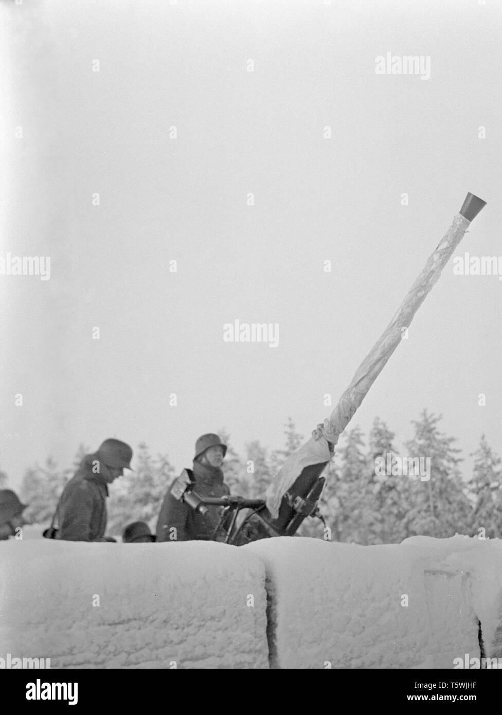 Im Winter Krieg. Ein militärischer Konflikt zwischen der Sowjetunion und Finnland. Es begann mit einer sowjetischen Invasion im November 1939, als sowjetische infantery die Grenze auf der Karelischen Landenge gekreuzt. Über 9500 Schwedische freiwillige Soldaten im Krieg teilgenommen. Hier in Rovaniemi, Finnland. Das Gerät namens Lappland Gruppe erfolgreich gestoppt der sowjetischen Truppen, obwohl zahlenmäßig unterlegen, Salla und Petsamo. Bild zeigt die finnische Soldaten mit einem sowjetischen Panzer, die während einer sowjetischen Versuch einzudringen, genommen wurde. Januar 1940. Foto Kristoffersson ref 101/2 Stockfoto