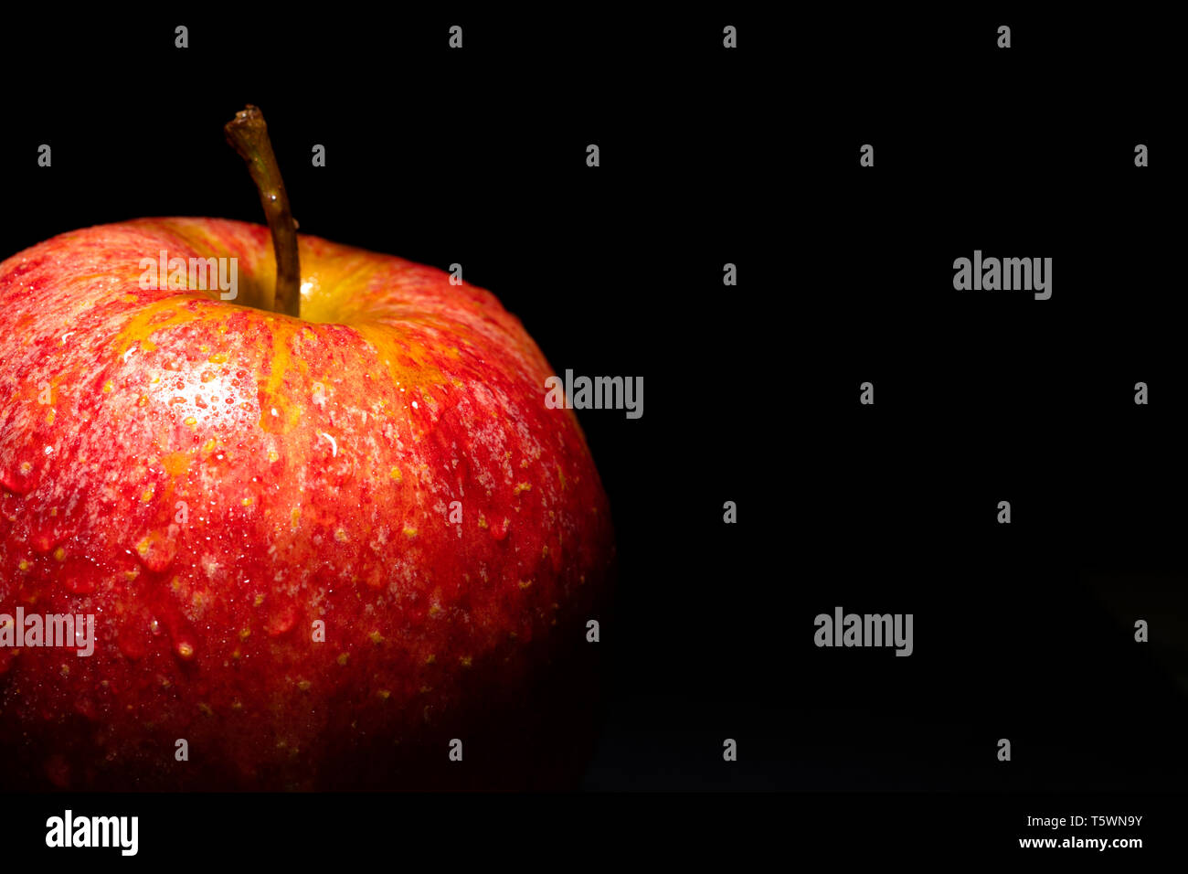 Roter Apfel mit Wassertropfen auf schwarzen Hintergrund, Bild vermittelt Frische, freier Speicherplatz auf der rechten Seite nach Text Stockfoto