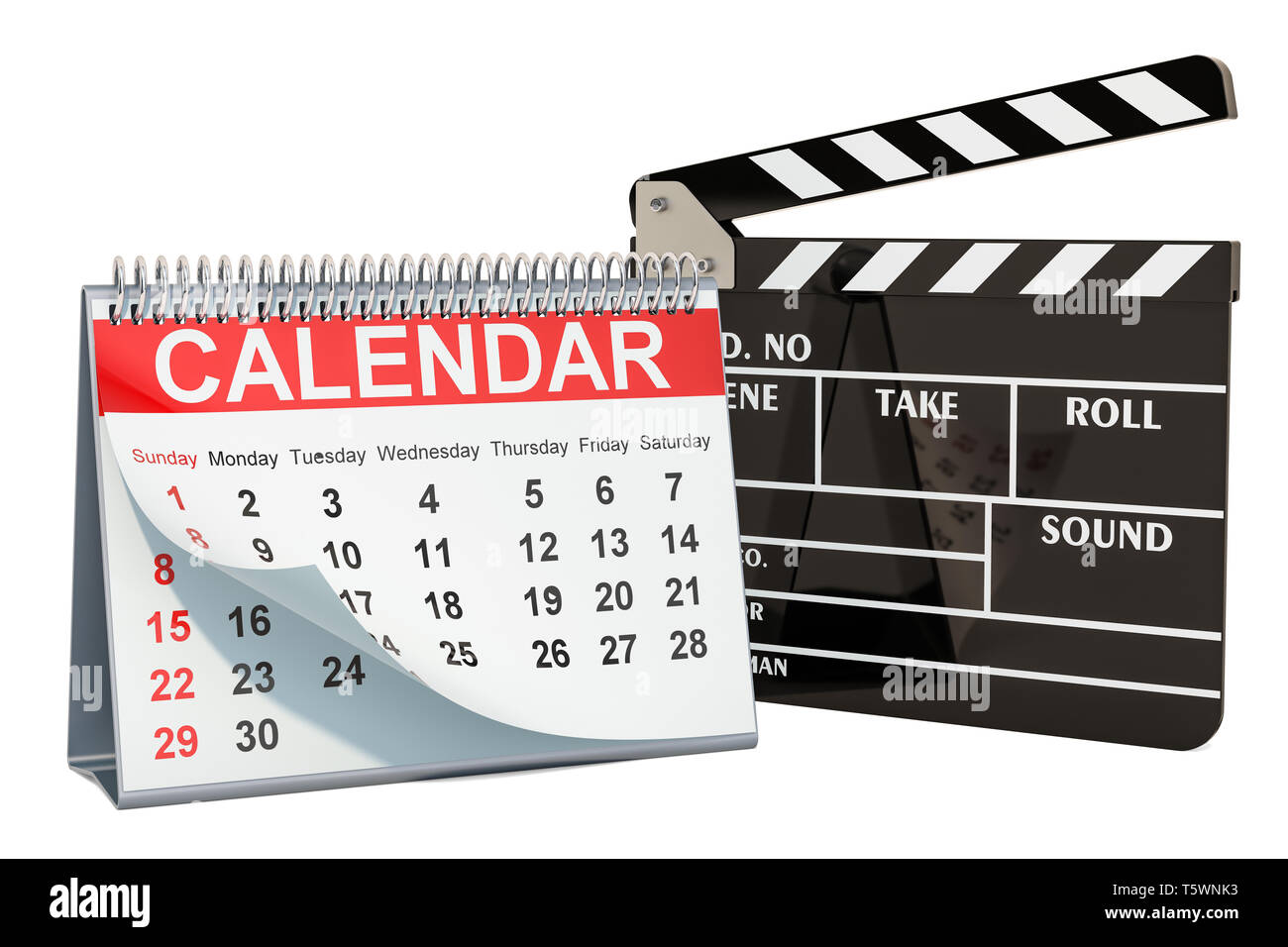 Filme Kalender Konzept, 3D-Rendering auf weißem Hintergrund Stockfoto