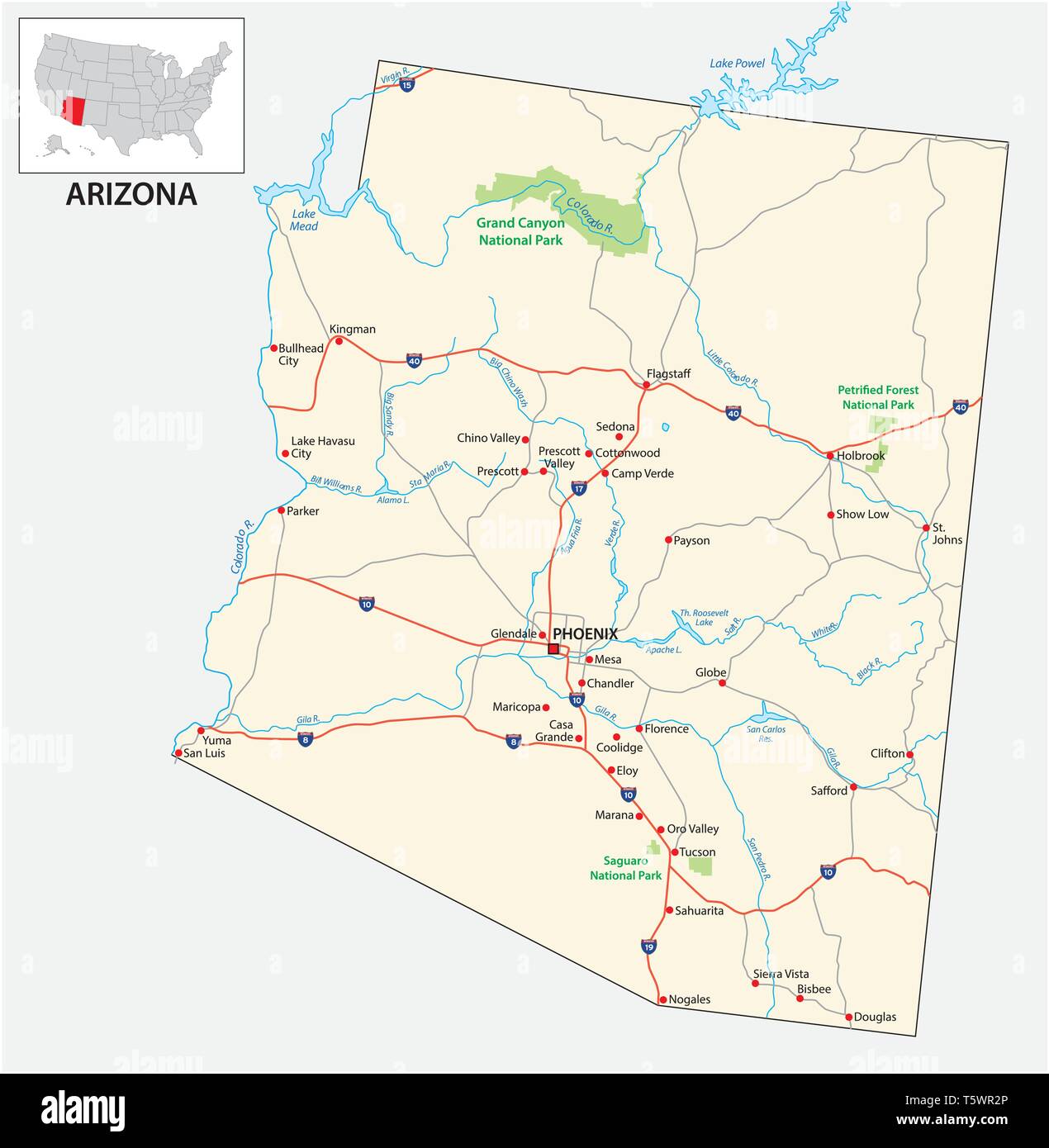Straßenkarte des US-amerikanischen Bundesstaates Arizona Stock Vektor