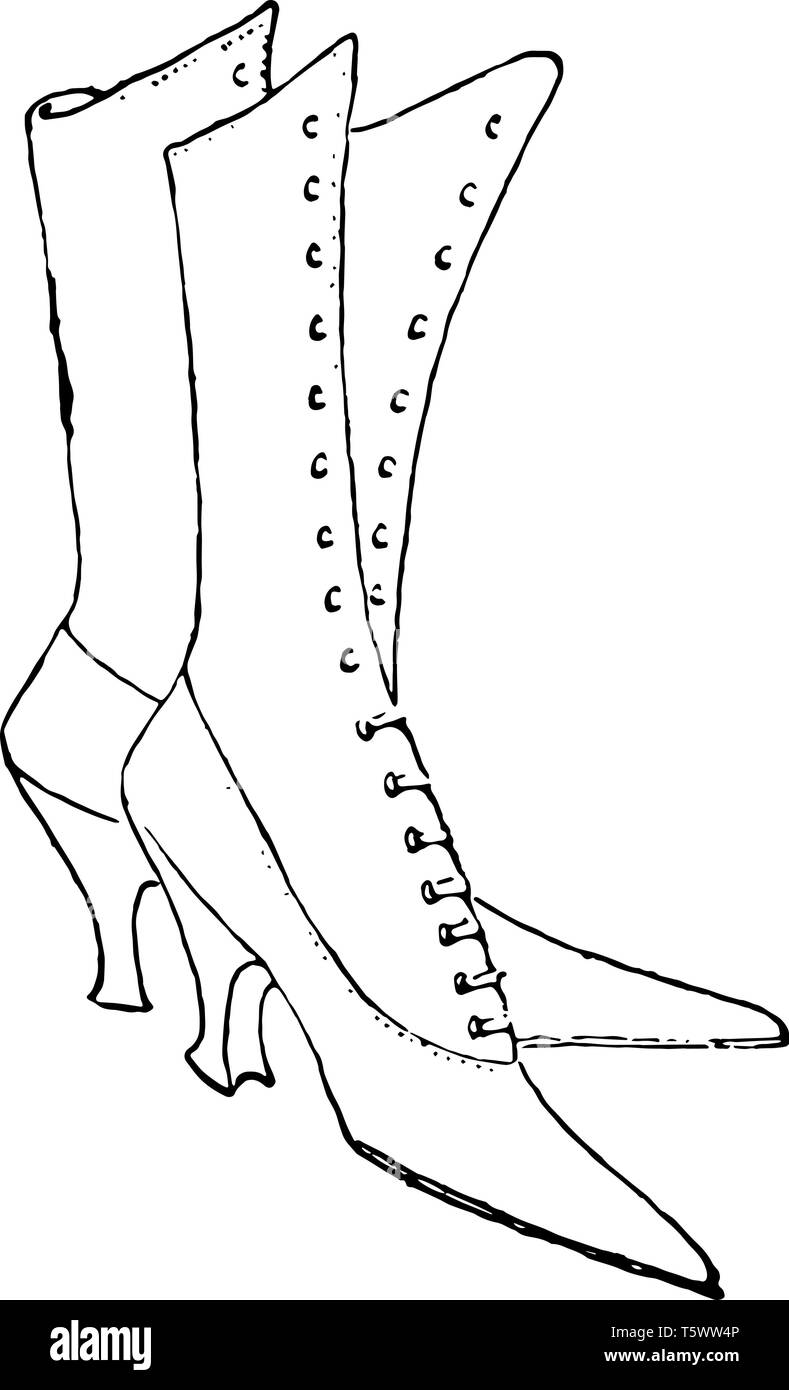Spitze bis Schuhe Design sind knielange High heeled und wies toed vintage Strichzeichnung oder Gravur Abbildung. Stock Vektor