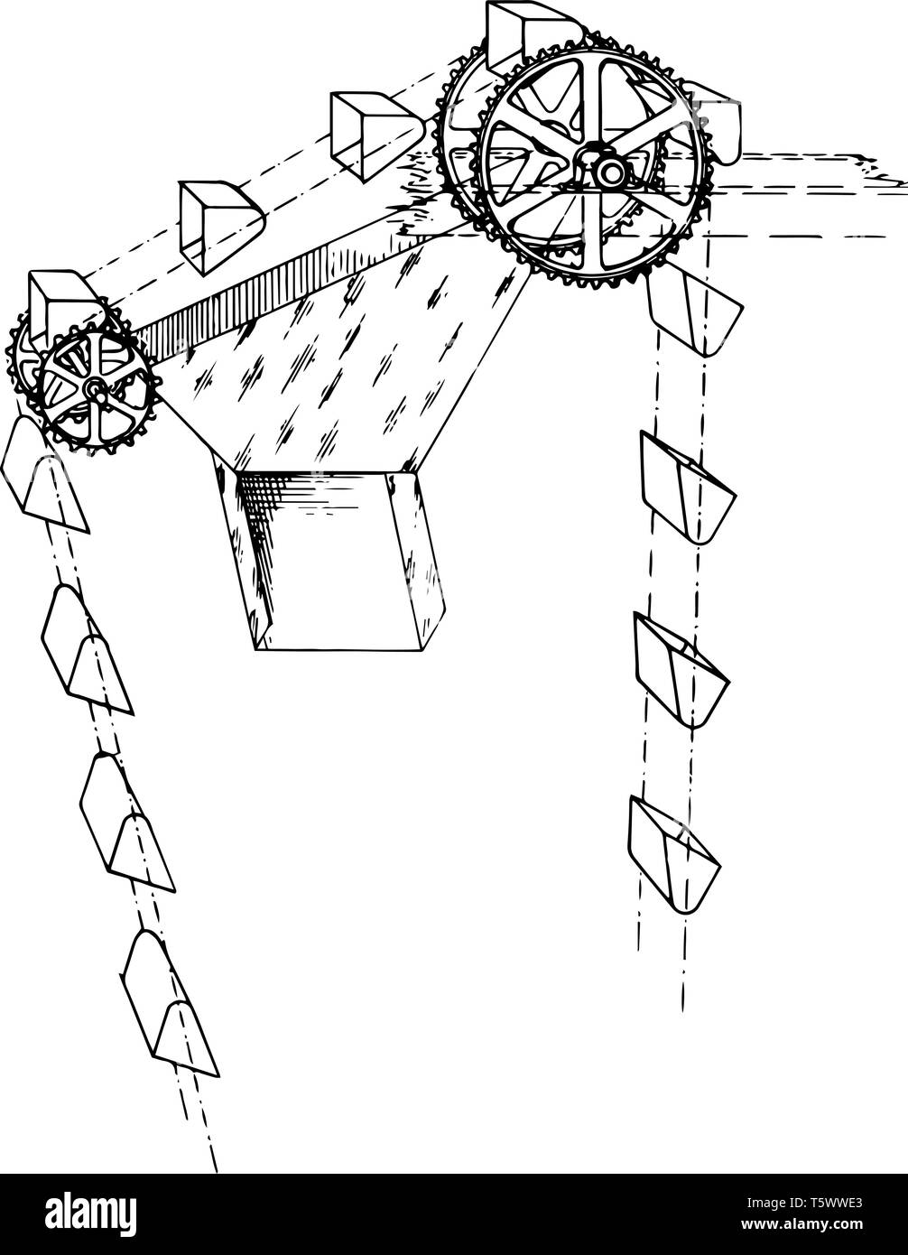 Diese Abbildung Schwerkraftentleerung Becherelevator vintage Strichzeichnung oder Gravur Abbildung. Stock Vektor
