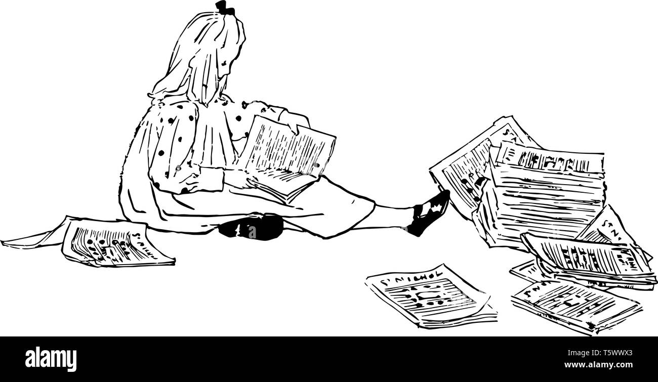 Mädchen lesen Bücher Mädchen Zeitschriften Papier Roman vintage Strichzeichnung oder Gravur Abbildung. Stock Vektor