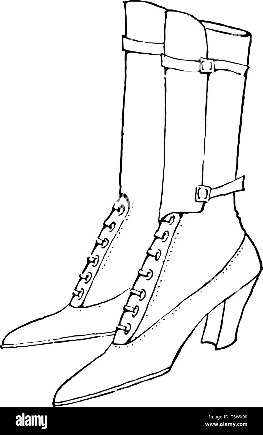 Knie zu hohe Stiefel sind eine frühe 20. Jahrhundert Design vintage Strichzeichnung oder Gravur Abbildung. Stock Vektor