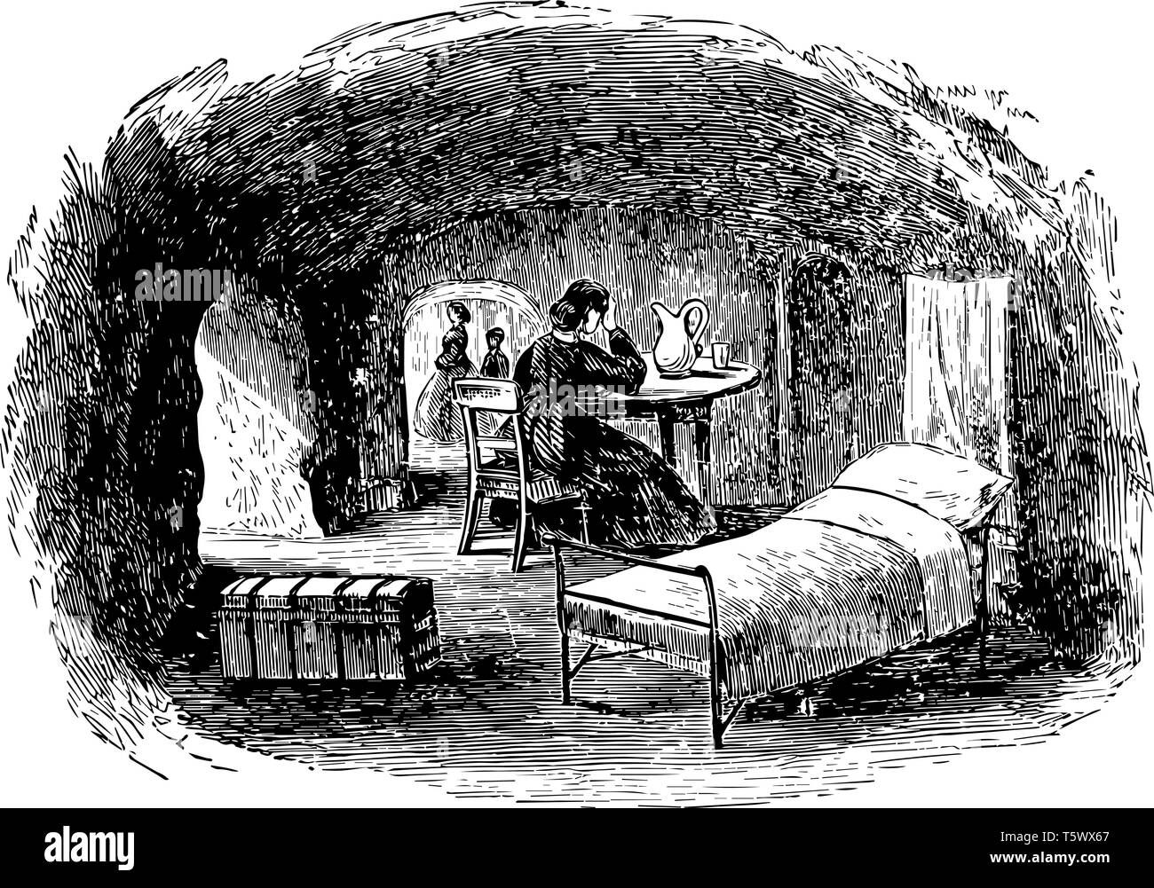 Das Bild zeigt das Haus in Höhlen. Im Bild eine Dame auf Stuhl auch eine Leitung & Bed sind im Hause vintage Strichzeichnung oder e Stock Vektor