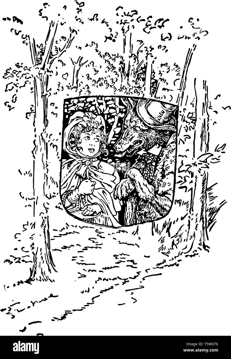 Rotkäppchen dieses Bild zeigt ein kleines Mädchen mit Wolf in Schild Form in der Mitte Bäume im Hintergrund vintage Strichzeichnung oder Gravur Stock Vektor