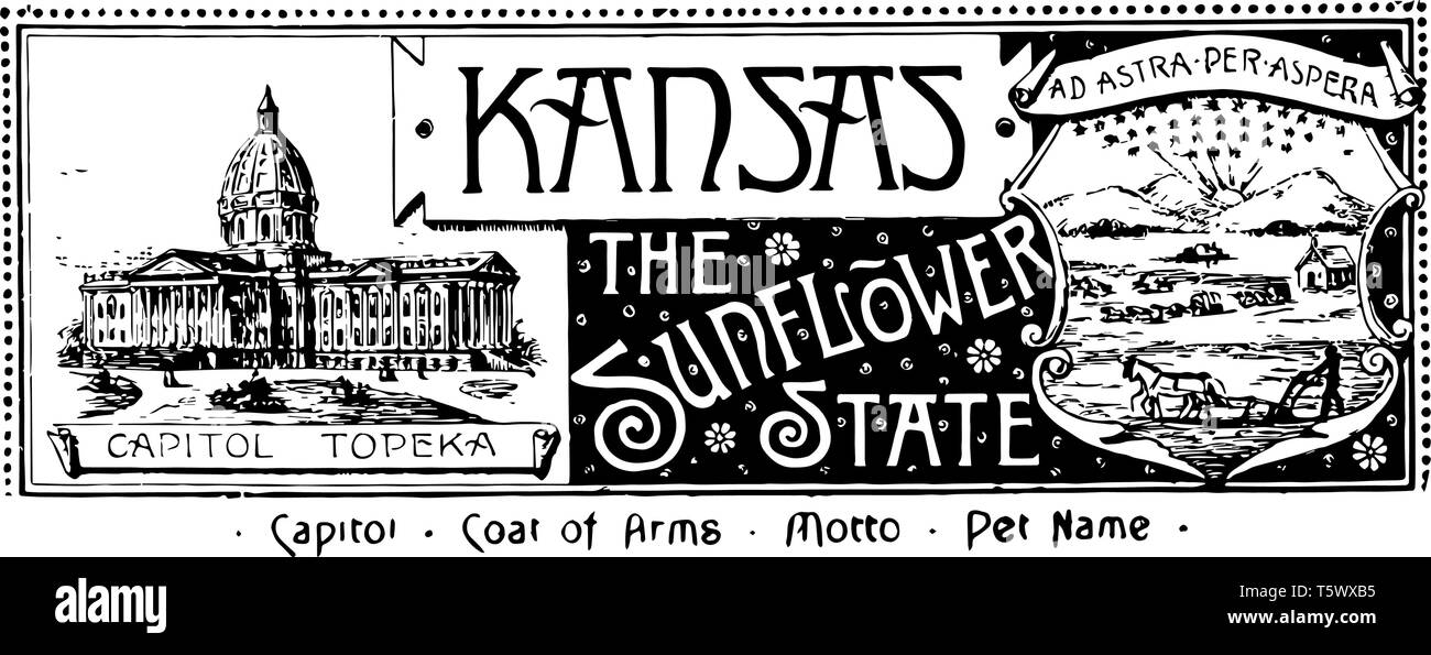 Der Staat Fahne von Kansas die Sonnenblume Staat Fahne hat State House in der linken und rechten Seite Rising Sun River und ein dampfschiff ein Mann Pflügen mit Stock Vektor
