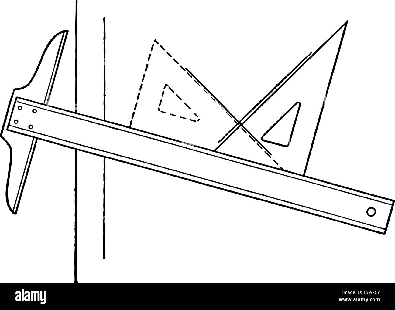 Zeichnung senkrechte Linien mit T zum Quadrat und Dreieck die Hypothenuse ist senkrecht zur Linie der Kante der Platz gegen ein Lineal und Stock Vektor