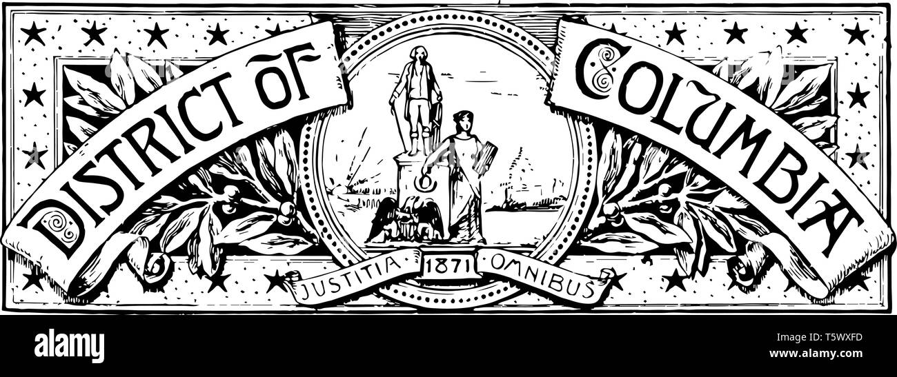 Das Banner des Washington District of Columbia dieses Banner Kreis in der Mitte mit zwei menschliche Figur, einen Adler und weibliche Holding einen Kranz in ihrer Rechten hat Stock Vektor