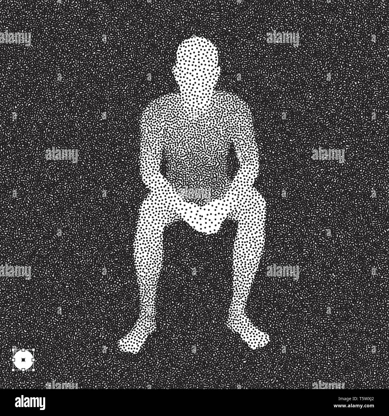 Sitzung Mann. 3D-Modell des Menschen. Schwarze und weiße körnig dotwork Design. Gepunktete Vector Illustration. Stock Vektor