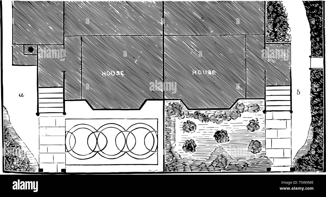 Haupteingang des Plan eines halb freistehende Villa Garden vintage Strichzeichnung oder Gravur Abbildung. Stock Vektor
